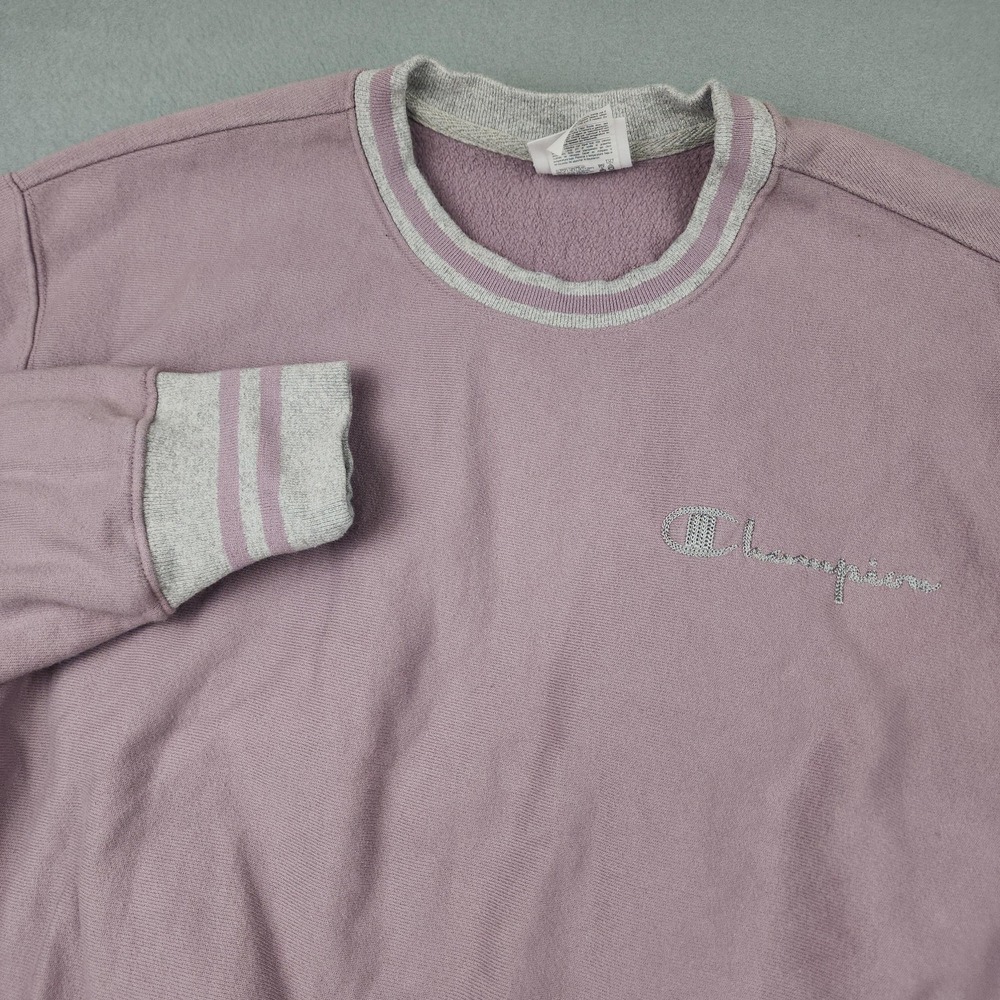 Champion Sweatshirt Mens M Purple Reverse Weave Fleece Crewneck Striped Logo
